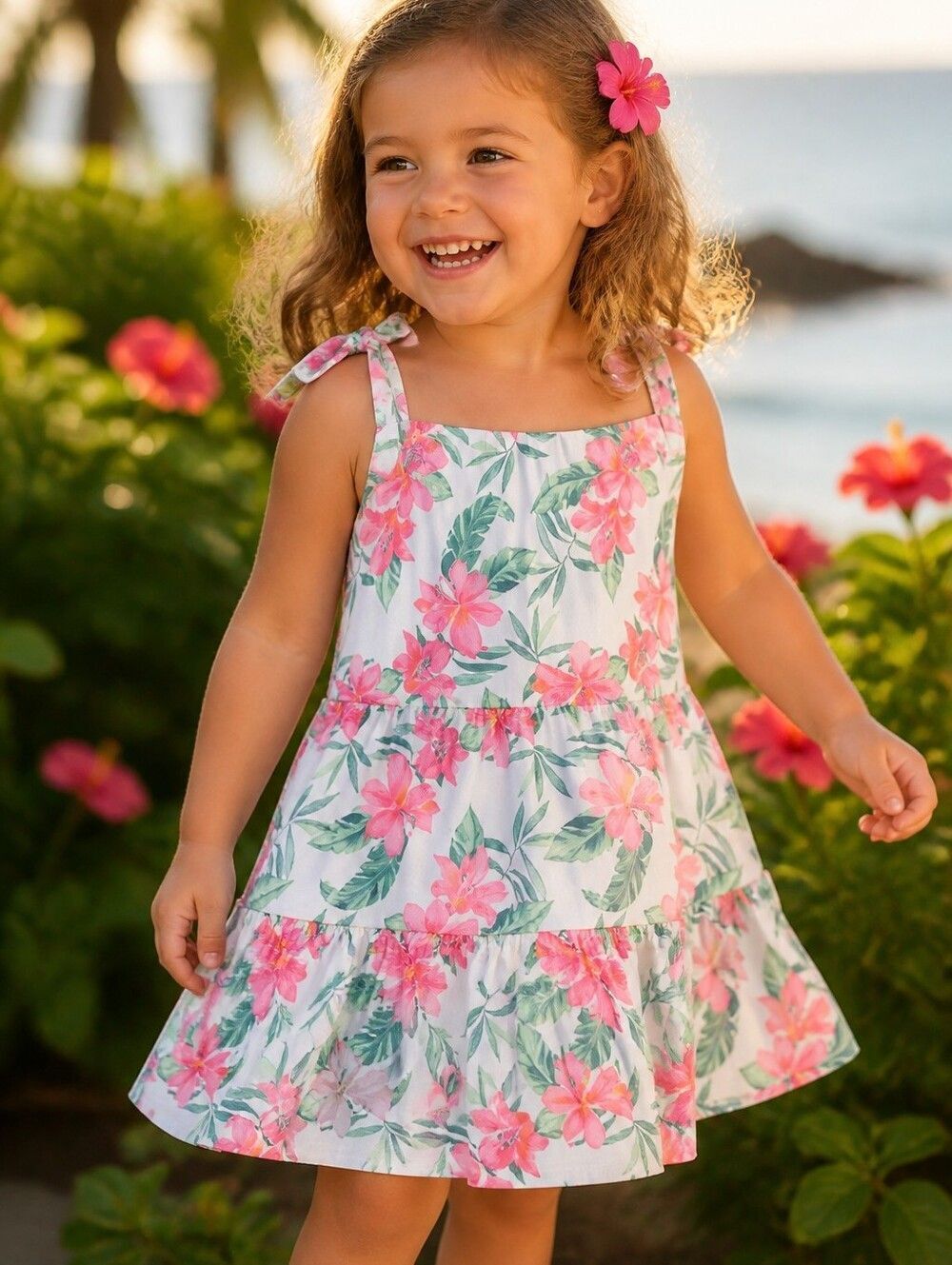 Tommy Bahama Tropical Hibiscus Sundress Girls 3T Hawaiian Tiered Dress Vacation